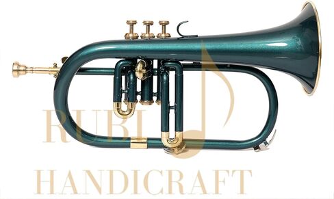 Bb Flugel Horn 3 صمام، مصنوع من النحاس Bb Pitch Tune | مثالية للطلاب والمبتدئين | تتضمن مجموعة الآلات الموسيقية الخضراء ذات 3 صمامات Flugel Horn حافظة صلبة وقطعة فم وقفازات وقماش RUBI HANDICRAFT in Kuwait