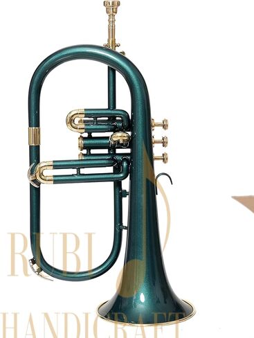 Bb Flugel Horn 3 صمام، مصنوع من النحاس Bb Pitch Tune | مثالية للطلاب والمبتدئين | تتضمن مجموعة الآلات الموسيقية الخضراء ذات 3 صمامات Flugel Horn حافظة صلبة وقطعة فم وقفازات وقماش RUBI HANDICRAFT in Kuwait