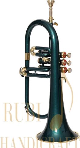 Bb Flugel Horn 3 صمام، مصنوع من النحاس Bb Pitch Tune | مثالية للطلاب والمبتدئين | تتضمن مجموعة الآلات الموسيقية الخضراء ذات 3 صمامات Flugel Horn حافظة صلبة وقطعة فم وقفازات وقماش RUBI HANDICRAFT in Kuwait