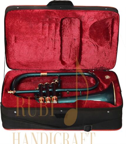 Bb Flugel Horn 3 صمام، مصنوع من النحاس Bb Pitch Tune | مثالية للطلاب والمبتدئين | تتضمن مجموعة الآلات الموسيقية الخضراء ذات 3 صمامات Flugel Horn حافظة صلبة وقطعة فم وقفازات وقماش RUBI HANDICRAFT in Kuwait