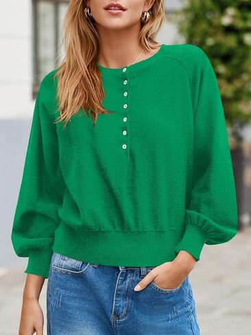 Saodimallsu Womens Button Crew Neck Sweater Fall Long Sleeve Henley Shirts Trendy Loose Knit Pullover Tops in Kuwait