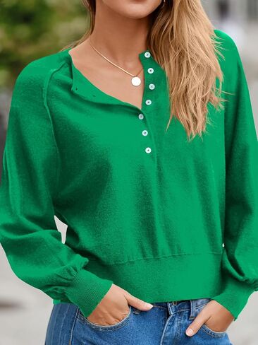 Saodimallsu Womens Button Crew Neck Sweater Fall Long Sleeve Henley Shirts Trendy Loose Knit Pullover Tops in Kuwait