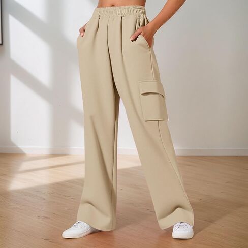 Sweatpants for Women Elastic High Waist Straight Wide Leg Casual Cargo Pants Baggy Lounge Trousers with Pockets in Kuwait