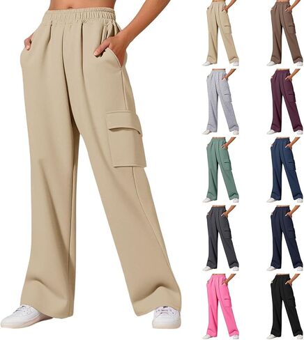Sweatpants for Women Elastic High Waist Straight Wide Leg Casual Cargo Pants Baggy Lounge Trousers with Pockets in Kuwait