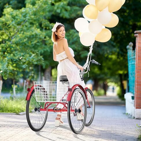 دراجة ثلاثية العجلات للبالغين بـ 7 سرعات، دراجة كروزر مقاس 24/26 بوصة مع سلة كبيرة للنساء والرجال وكبار السن، دراجة ثلاثية العجلات للأماكن الخارجية والتسوق والترفيه والنزهة (أحمر/أزرق/أرجواني) in Kuwait