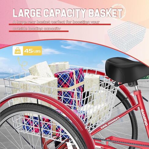 دراجة ثلاثية العجلات للبالغين بـ 7 سرعات، دراجة كروزر مقاس 24/26 بوصة مع سلة كبيرة للنساء والرجال وكبار السن، دراجة ثلاثية العجلات للأماكن الخارجية والتسوق والترفيه والنزهة (أحمر/أزرق/أرجواني) in Kuwait