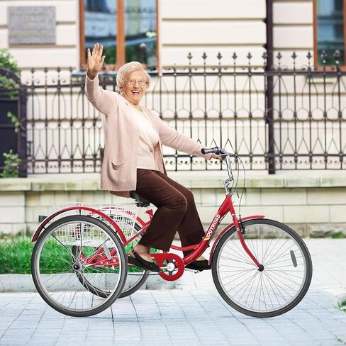 دراجة ثلاثية العجلات للبالغين بـ 7 سرعات، دراجة كروزر مقاس 24/26 بوصة مع سلة كبيرة للنساء والرجال وكبار السن، دراجة ثلاثية العجلات للأماكن الخارجية والتسوق والترفيه والنزهة (أحمر/أزرق/أرجواني) in Kuwait