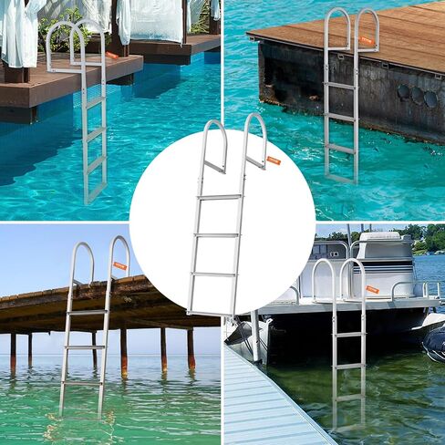VEVOR Dock Ladder, Removable 4 Steps, 500 lbs Load Capacity, Aluminum Alloy Pontoon Boat Ladder with 3.1'' Wide Step & Nonslip Mat, Easy to Install for Ship/Lake/Pool/Marine Boarding in Saudi Arabia