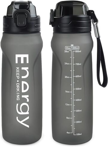 زجاجة مياه رياضية سعة 32oz مع ماصة قابلة للفصل (Sip & Chug)، زجاجة مياه تحفيزية مع علامة سعة، زجاجة مياه شرب مضادة للتسرب مع حزام للسفر واللياقة البدنية وصالة الألعاب الرياضية في الهواء الطلق (أزرق) in Kuwait