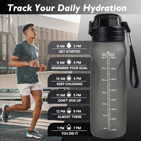 زجاجة مياه رياضية سعة 32oz مع ماصة قابلة للفصل (Sip & Chug)، زجاجة مياه تحفيزية مع علامة سعة، زجاجة مياه شرب مضادة للتسرب مع حزام للسفر واللياقة البدنية وصالة الألعاب الرياضية في الهواء الطلق (أزرق) in Kuwait