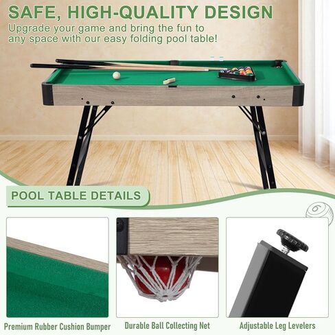 Folding Pool Table, Portable Billiard Game Tables for Kids and Adults, Mini Pool Table with Locking Legs, Adjustable Feet, Balls, Cues, Triangle, Chalk, Brush in Kuwait