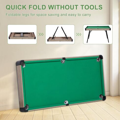 Folding Pool Table, Portable Billiard Game Tables for Kids and Adults, Mini Pool Table with Locking Legs, Adjustable Feet, Balls, Cues, Triangle, Chalk, Brush in Kuwait