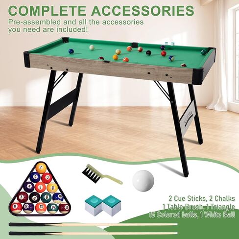 Folding Pool Table, Portable Billiard Game Tables for Kids and Adults, Mini Pool Table with Locking Legs, Adjustable Feet, Balls, Cues, Triangle, Chalk, Brush in Kuwait