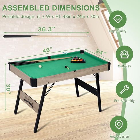 Folding Pool Table, Portable Billiard Game Tables for Kids and Adults, Mini Pool Table with Locking Legs, Adjustable Feet, Balls, Cues, Triangle, Chalk, Brush in Kuwait