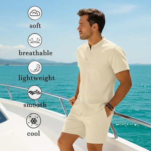 Casual Stand Collar Button Shirt and Shorts Set Hawaiian Beach Vacation Party Outfit Texture Linen Sets for Men in Saudi Arabia