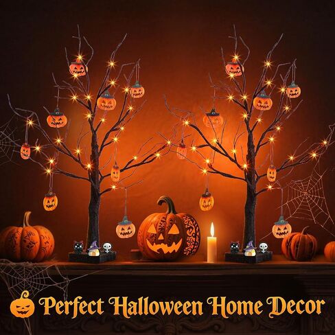 PEIDUO Halloween Decorations, 2FT Black Halloween Tree with 24 Purple Lights and 8 Bat Ornaments, Light up Halloween Decorations with Timer for Indoor Home Desk Table Decor (2PK) in Saudi Arabia