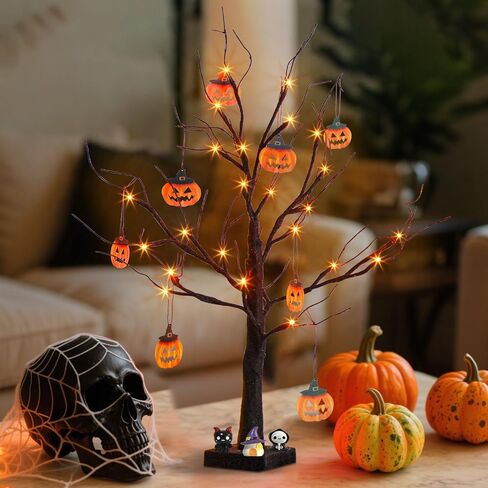 PEIDUO Halloween Decorations, 2FT Black Halloween Tree with 24 Purple Lights and 8 Bat Ornaments, Light up Halloween Decorations with Timer for Indoor Home Desk Table Decor (2PK) in Saudi Arabia