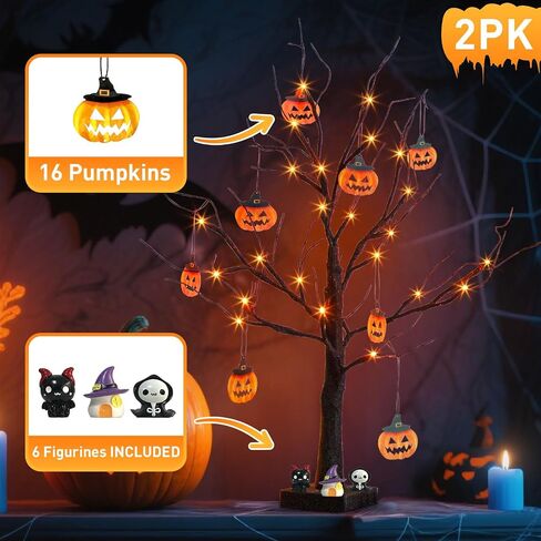 PEIDUO Halloween Decorations, 2FT Black Halloween Tree with 24 Purple Lights and 8 Bat Ornaments, Light up Halloween Decorations with Timer for Indoor Home Desk Table Decor (2PK) in Saudi Arabia