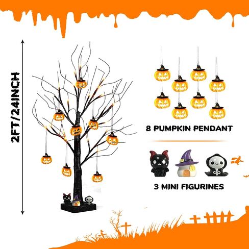 PEIDUO Halloween Decorations, 2FT Black Halloween Tree with 24 Purple Lights and 8 Bat Ornaments, Light up Halloween Decorations with Timer for Indoor Home Desk Table Decor (2PK) in Saudi Arabia