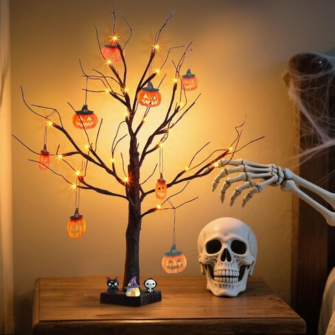 PEIDUO Halloween Decorations, 2FT Black Halloween Tree with 24 Purple Lights and 8 Bat Ornaments, Light up Halloween Decorations with Timer for Indoor Home Desk Table Decor (2PK) in Saudi Arabia