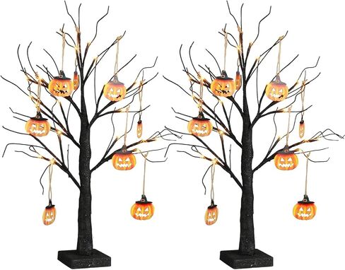 PEIDUO Halloween Decorations, 2FT Black Halloween Tree with 24 Purple Lights and 8 Bat Ornaments, Light up Halloween Decorations with Timer for Indoor Home Desk Table Decor (2PK) in Saudi Arabia