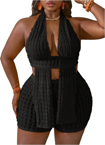 OYOANGLE Women's Plus Size 2 Piece Outfits Textured Cut Out Sleeveless Crop Halter Top and Shorts Set in Saudi Arabia