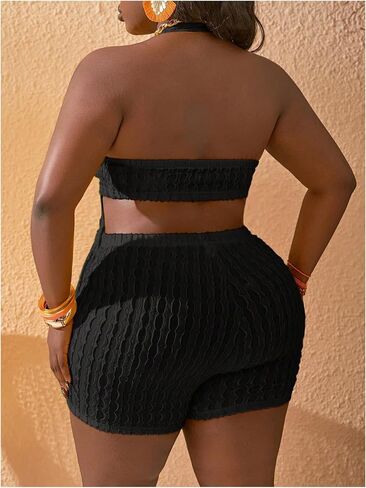 OYOANGLE Women's Plus Size 2 Piece Outfits Textured Cut Out Sleeveless Crop Halter Top and Shorts Set in Saudi Arabia