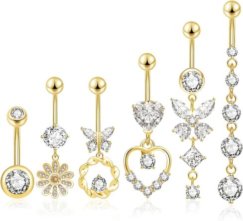 6 Pieces Belly Button Ring Dangle Stainless Steel Belly Rings 14G Belly Button Piercing Cute Navel Ring Belly Piercing Jewelry in Saudi Arabia