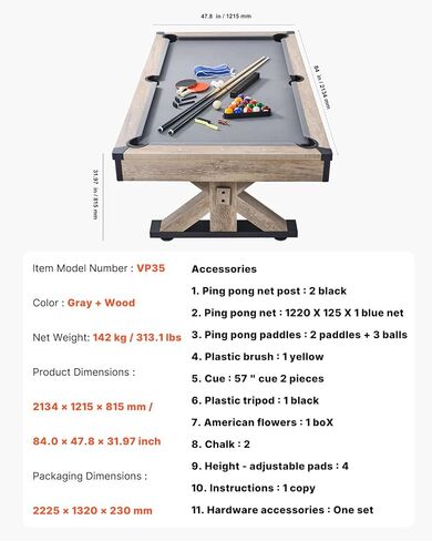 VEVOR 7ft 3-in-1 Multi Game Table with Dining, Pool, and Tennis Table, for Family Game Room Adults, Includes Full Set of Accessories, in Saudi Arabia