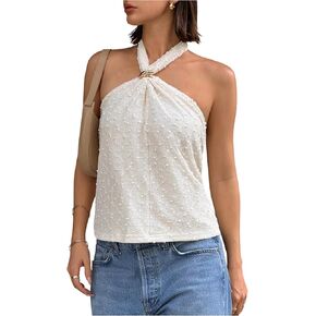 MakeMeChic Women's Summer Halter Tops Criss Cross Casual Sleeveless Tie Backless Textured Shirt in Kuwait