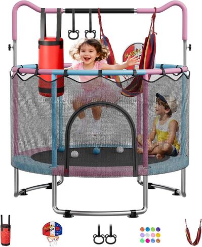 55/60" Trampoline for Kids, 4.5/5 FT Toddler Trampoline with Enclosur Net, Basketball Hoop & Sandbag, 440 LBS Capacity, Adjustable Height，Gifts for Ages 3-12 Boys & Girls in Saudi Arabia