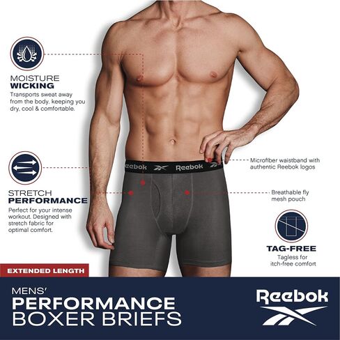 Reebok Mens 4 Pack Performance Boxer Briefs with Comfort Pouch - Grey/Black/Grey/Black Print X-Large in Saudi Arabia