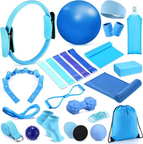 24 Pcs Home Pilates Kit for Women, Pilates Equipment Ring and Ball Set with Stretching Strap, Water Bottle, Magic Circle, Yoga Ring, Gym Bag, Resistance Band, Anti Slip Socks in Saudi Arabia