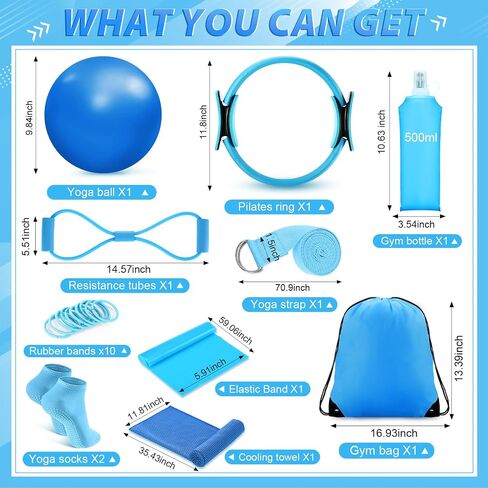 24 Pcs Home Pilates Kit for Women, Pilates Equipment Ring and Ball Set with Stretching Strap, Water Bottle, Magic Circle, Yoga Ring, Gym Bag, Resistance Band, Anti Slip Socks in Saudi Arabia
