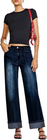 Sidefeel Women's Wide Leg Cuffed Jeans High Waisted Baggy Stretchy Denim Pants with Pockets in Saudi Arabia