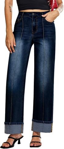 Sidefeel Women's Wide Leg Cuffed Jeans High Waisted Baggy Stretchy Denim Pants with Pockets in Saudi Arabia