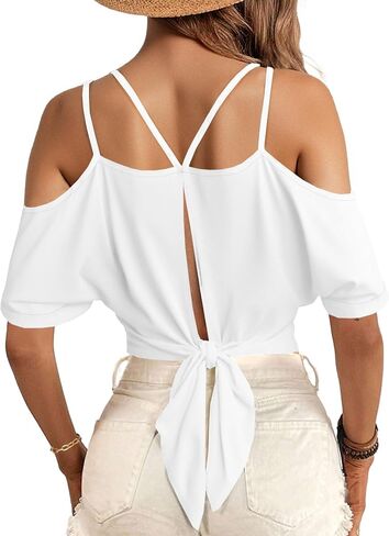 LilyCoco Womens V Neck T Shirts Sexy Cropped Cold Shoulder Tops Open Back Top in Saudi Arabia