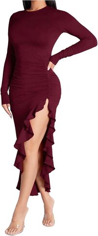 Floerns Women's Long Sleeve Bodycon Dress Asymmetrical Ruffle Hem Ruched Party Midi Dresses in Saudi Arabia