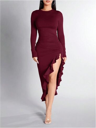 Floerns Women's Long Sleeve Bodycon Dress Asymmetrical Ruffle Hem Ruched Party Midi Dresses in Saudi Arabia