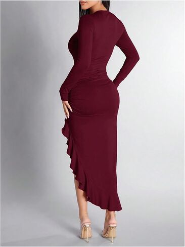 Floerns Women's Long Sleeve Bodycon Dress Asymmetrical Ruffle Hem Ruched Party Midi Dresses in Saudi Arabia