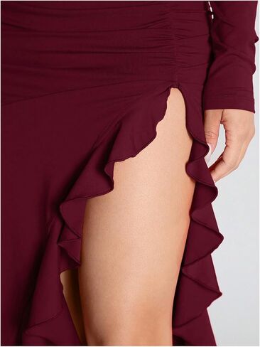 Floerns Women's Long Sleeve Bodycon Dress Asymmetrical Ruffle Hem Ruched Party Midi Dresses in Saudi Arabia