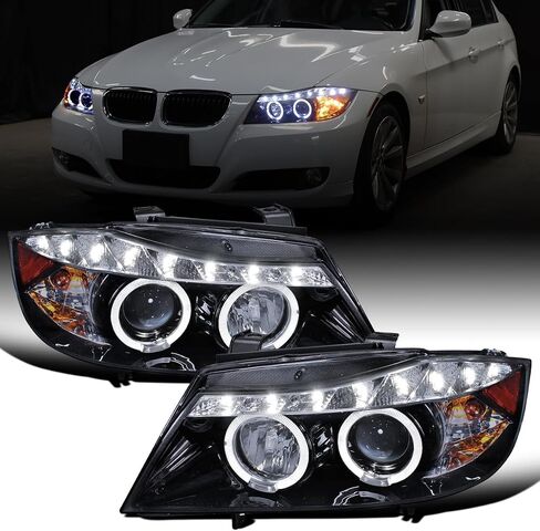 Fits 2006-2008 BMW 3-Series E90 Sedan E91 Wagon LED Angel Eyes Driving Lights Halogen Projector Headlights Assembly Pair | Black in Saudi Arabia