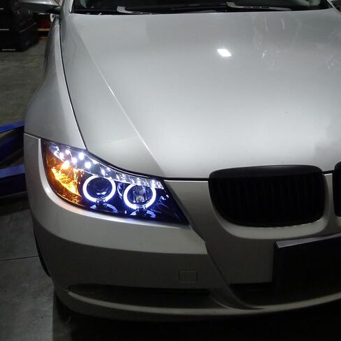 Fits 2006-2008 BMW 3-Series E90 Sedan E91 Wagon LED Angel Eyes Driving Lights Halogen Projector Headlights Assembly Pair | Black in Saudi Arabia