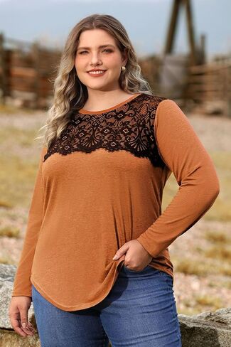 RITERA Plus Size Lace Tops for Women Long Sleeve Crewneck Pullover Fall T-Shirts Tunics Basic Tees T-Shirts XL-5XL in Saudi Arabia