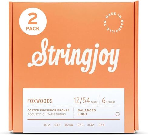 Stringjoy متوازن ضوء Foxwoods المغلفة الفوسفور البرونزية الصوتية سلاسل الغيتار 12-54، FW1254، لهجة طويلة الأمد وجودة الصوت، مجموعة 6 سلسلة الصوتية، 2-حزمة in Kuwait