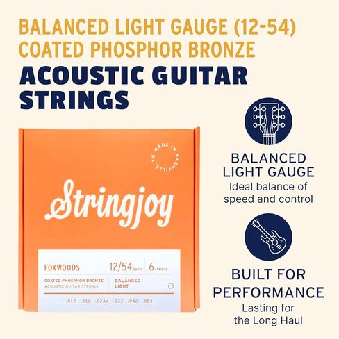 Stringjoy متوازن ضوء Foxwoods المغلفة الفوسفور البرونزية الصوتية سلاسل الغيتار 12-54، FW1254، لهجة طويلة الأمد وجودة الصوت، مجموعة 6 سلسلة الصوتية، 2-حزمة in Kuwait