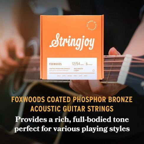 Stringjoy متوازن ضوء Foxwoods المغلفة الفوسفور البرونزية الصوتية سلاسل الغيتار 12-54، FW1254، لهجة طويلة الأمد وجودة الصوت، مجموعة 6 سلسلة الصوتية، 2-حزمة in Kuwait