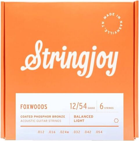 Stringjoy متوازن ضوء Foxwoods المغلفة الفوسفور البرونزية الصوتية سلاسل الغيتار 12-54، FW1254، لهجة طويلة الأمد وجودة الصوت، مجموعة 6 سلسلة الصوتية، 2-حزمة in Kuwait