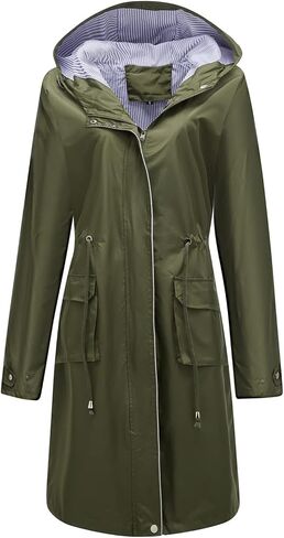 Women's Long Raincoat Rain Jacket Hooded Ladies Fashion Casual Full Zip Waterproof Anorak Light Jackets Knee Length Hood Windbreaker Knee Length Pockets Pockets Black Large in Kuwait