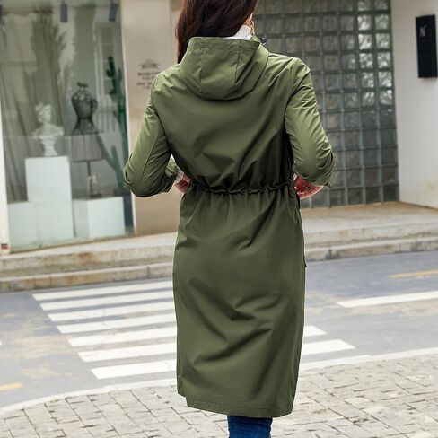 Women's Long Raincoat Rain Jacket Hooded Ladies Fashion Casual Full Zip Waterproof Anorak Light Jackets Knee Length Hood Windbreaker Knee Length Pockets Pockets Black Large in Kuwait